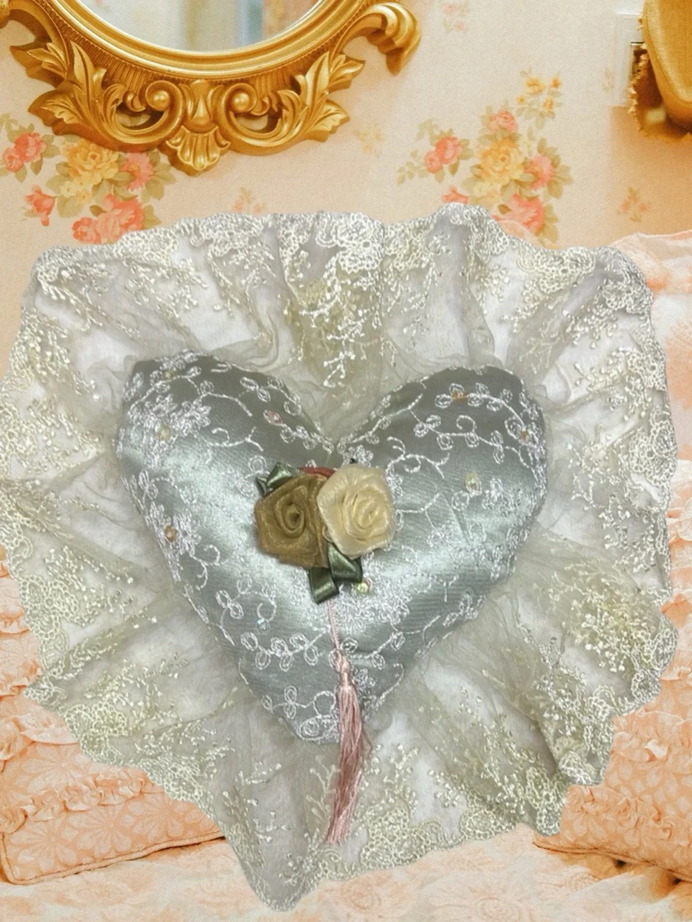 Victorian French Lover Lace Heart Pillow Hand Crafted Vintage Cottage Decor Pink